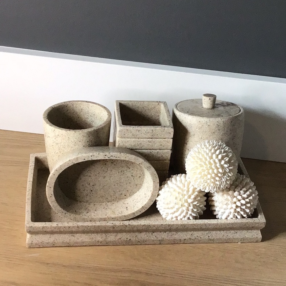 Tan and White Bath Accessories Set for a Stylish Bathroom